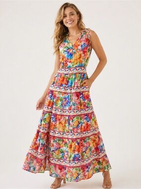 Hale Bob Miriam Voile Vibrant  Sleeveless Tiered Skirt CoMaxi Dress - Size Large